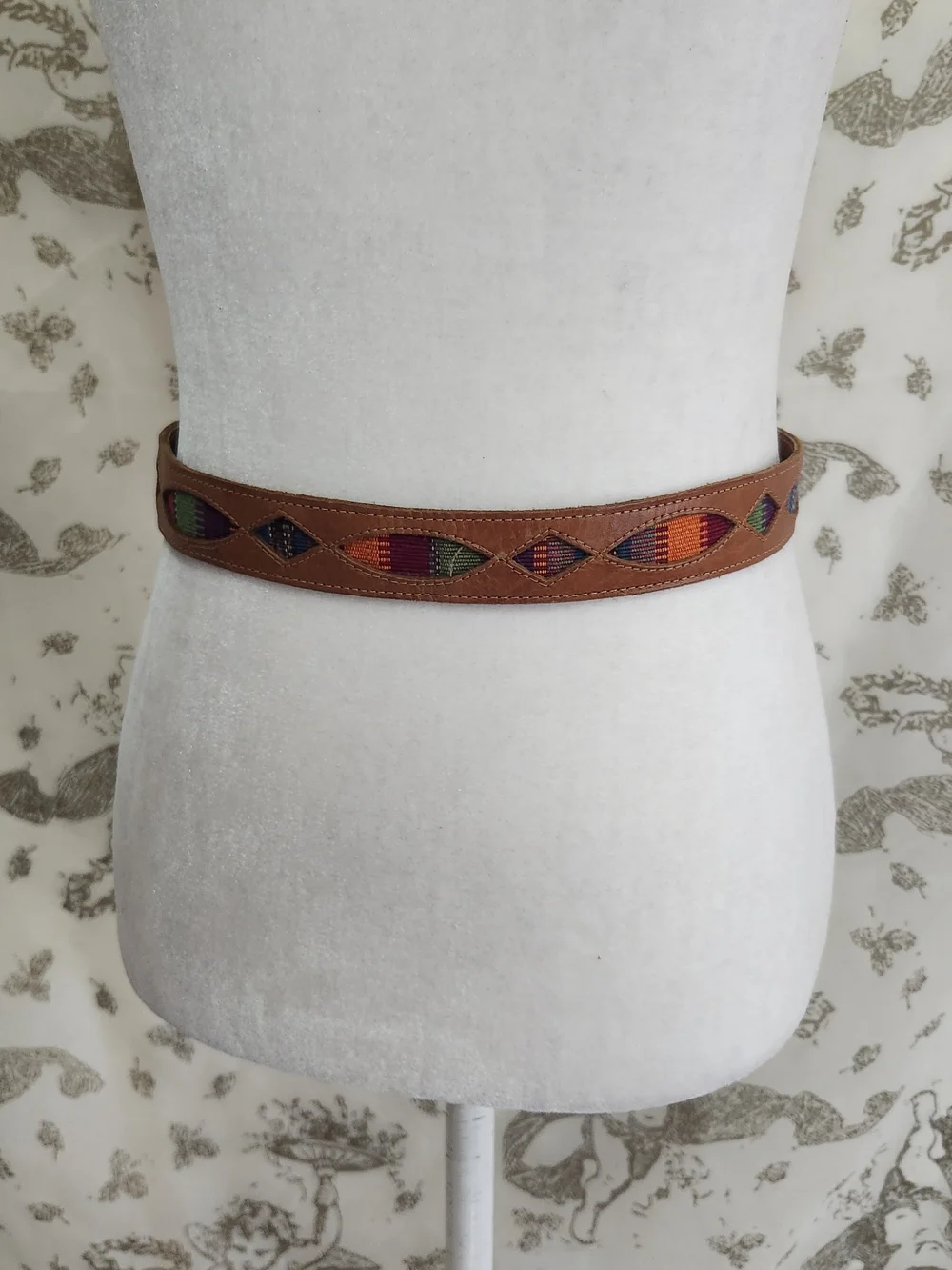 Vintage Guatemalan Brown Leather Belt hand-woven geometric tapestry inserts 28